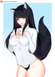 Rule 34 | 1girl, :p, animal ears, artist name, black hair, black neckwear, black panties, blue background, blue eyes, blunt bangs, breasts, cleavage, closed mouth, cowboy shot, eyelashes, fox ears, fox tail, gradient background, groin, hands on own chest, large breasts, long hair, long sleeves, looking at viewer, nail polish, no pants, panties, patreon logo, reiko (tofuubear), sidelocks, sleeves past wrists, smile, solo, standing, straight hair, sweater, tail, thighs, thong, tofuubear, tongue, tongue out, turtleneck, turtleneck sweater, underwear, white sweater