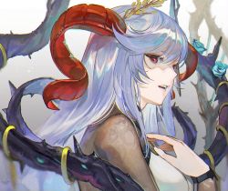 Rule 34 | 1girl, blue flower, blue rose, bodystocking, bridal gauntlets, curled horns, fire emblem, fire emblem heroes, flower, freyja (fire emblem), horns, kyufe, long hair, looking at viewer, looking to the side, nintendo, open mouth, red eyes, red horns, rose, silver hair, simple background, solo, teeth, thorns