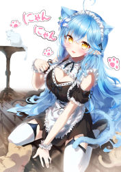 Rule 34 | 1girl, :3, absurdres, ahoge, alternate costume, animal ears, bare shoulders, blue hair, breasts, cat, cat ears, cat tail, cleavage, cleavage cutout, clothing cutout, dress, enmaided, eshineko, framed breasts, from above, garter straps, hair between eyes, highres, hololive, large breasts, long hair, looking at viewer, maid, maid headdress, open mouth, paw pose, pointy ears, ribbon, seiza, sitting, solo, tail, thighhighs, virtual youtuber, white thighhighs, wooden floor, wristband, yellow eyes, yukihana lamy, zettai ryouiki