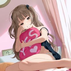 Rule 34 | 1girl, absurdres, akira tooru, brown eyes, brown hair, clock, commentary, curtains, digital clock, english commentary, highres, indoors, lingerie, long hair, looking at viewer, negligee, hugging object, on bed, original, panties, pillow, pillow hug, shadow, sitting, smile, solo, teeth, thighs, two side up, underwear, yes-no pillow