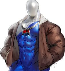 1boy bara blue_bodysuit bodysuit brown_jacket chain chain_necklace commentary covered_collarbone covered_navel english_commentary grey_mask hands_in_pockets highres jacket jewelry male_focus muscular muscular_male necklace papyuuno pepsiman pepsiman_(game) simple_background skin_tight solo white_background