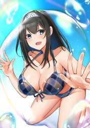 Rule 34 | 1girl, :d, absurdres, bare shoulders, bikini, black hair, blue bikini, blue eyes, blush, breasts, bubble, cleavage, collarbone, commentary request, front-tie bikini top, front-tie top, hairband, hanging breasts, highres, idolmaster, idolmaster cinderella girls, large breasts, long hair, looking at viewer, mabanna, open mouth, plaid, plaid bikini, sagisawa fumika, smile, solo, swimsuit, white hairband