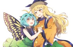 Rule 34 | 2girls, :d, antennae, blonde hair, blue hair, blush, butterfly wings, commentary request, detached sleeves, duplicate, eternity larva, green skirt, highres, insect wings, interlocked fingers, kaoling, leaf, leaf on head, long hair, long sleeves, looking at viewer, matara okina, multiple girls, open mouth, orange eyes, orange tabard, simple background, skirt, smile, sun print, tabard, touhou, white background, wide sleeves, wings