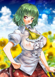 Rule 34 | 1girl, arm at side, artist logo, ascot, bare arms, blouse, blue sky, blurry, blurry background, breasts, collared shirt, covered erect nipples, cowboy shot, day, flower, frilled shirt, frills, green hair, hand on own hip, impossible clothes, kazami yuuka, large breasts, light smile, looking at viewer, medium hair, nipples, no bra, outdoors, parted lips, plaid, plaid skirt, puffy short sleeves, puffy sleeves, red eyes, ringed eyes, see-through, shirt, short sleeves, skirt, sky, solo, sunflower, touhou, umigarasu (kitsune1963), unaligned breasts, white shirt, wing collar, yellow ascot