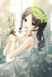 Rule 34 | 1girl, absurdres, bare shoulders, black ribbon, blush, bouquet, brown hair, commentary request, dress, flower, hair flower, hair ornament, hands up, highres, holding, holding bouquet, lens flare, long hair, looking at viewer, open mouth, original, ribbon, shadow, smile, solo, sunlight, teeth, upper body, upper teeth only, white dress, white flower, yellow eyes, yuhi (hssh 6)