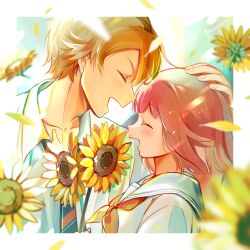 Rule 34 | 1boy, 1girl, absurdres, blonde hair, border, closed eyes, collared shirt, commentary request, diagonal-striped clothes, diagonal-striped necktie, flower, hand on another&#039;s head, highres, holding, holding flower, kamiyama high school uniform (project sekai), momomo (m0 3), neck ribbon, necktie, ootori emu, open mouth, parted bangs, petals, pink eyes, project sekai, red ribbon, ribbon, sailor collar, school uniform, shirt, short hair, striped clothes, striped necktie, sunflower, tenma tsukasa, white border