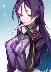 Rule 34 | 1girl, blue background, breasts, edamameko210, fate/grand order, fate (series), fingerless gloves, gloves, gradient background, highres, long hair, looking at viewer, medium breasts, minamoto no raikou (fate), purple hair, sketch, solo, translation request, white background