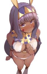 Rule 34 | 1girl, animal ears, bare shoulders, blush, breasts, closed mouth, dark skin, dark-skinned female, facial mark, fate/grand order, fate (series), foreshortening, from above, full body, hair tubes, hairband, hand on own chest, highres, looking at viewer, looking up, medium breasts, navel, nitocris (fate), purple eyes, purple hair, revealing clothes, sandals, sidelocks, simple background, solo, standing, tokiwa midori (kyokutou funamushi), white background