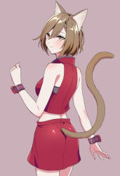 Rule 34 | 1girl, akiyoshi (tama-pete), animal ears, brown eyes, brown hair, cat ears, cat girl, cat tail, commentary, crop top, from behind, meiko (vocaloid), meiko (vocaloid3), miniskirt, short hair, skirt, smile, solo, tail, vocaloid, wrist cuffs