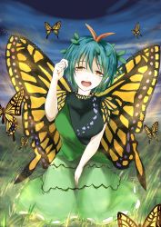 Rule 34 | 1girl, antennae, blue hair, blush, breasts, butterfly wings, dress, eternity larva, grass, green dress, hair between eyes, hair ornament, highres, insect wings, kagami toufu, kneeling, large breasts, leaf hair ornament, looking at viewer, night, open mouth, orange eyes, outdoors, short hair, solo, tareme, touhou, wings