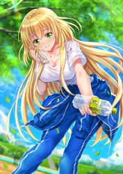 Rule 34 | 1girl, blonde hair, blue jacket, blue pants, blue sky, blurry, blurry background, blush, bottle, bottle to cheek, breasts, cinderella series, cleavage, closed mouth, clothes around waist, cloud, collarbone, commentary request, day, depth of field, falling leaves, fingernails, green eyes, hachigatsu no cinderella nine, hair between eyes, highres, holding, holding bottle, jacket, jacket around waist, large breasts, leaf, leaning forward, long hair, nozaki yuuki, outdoors, pants, shirt, short sleeves, sky, smile, solo, swordsouls, track jacket, track pants, track suit, tree, very long hair, water bottle, white shirt
