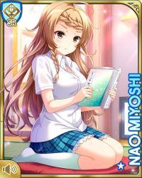 Rule 34 | 1girl, blue jacket, blue skirt, bow, braid, brown eyes, brown hair, card, character name, closed mouth, collarbone, futon, girlfriend (kari), holding, indoors, jacket, long hair, magazine (object), miyoshi nao, official art, plaid, plaid skirt, pout, qp:flapper, reading, shirt, skirt, socks, solo, tagme, tired, v-shaped eyebrows, white shirt