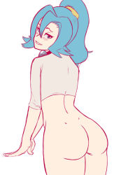 Rule 34 | 1girl, artist request, ass, blue eyes, blue hair, blush, bottomless, clair (pokemon), creatures (company), game freak, gym leader, looking at viewer, looking back, matching hair/eyes, nintendo, pokemon, ponytail, solo
