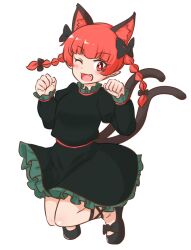 Rule 34 | 1girl, ;d, animal ears, black bow, black dress, black footwear, bow, braid, bright pupils, cat ears, cat tail, clenched hands, commentary request, dress, extra ears, fang, full body, hair bow, kaenbyou rin, long sleeves, looking at viewer, mizusoba, multiple tails, nekomata, one eye closed, open mouth, pointy ears, side braids, simple background, smile, solo, tail, touhou, twin braids, two tails, white background, white pupils