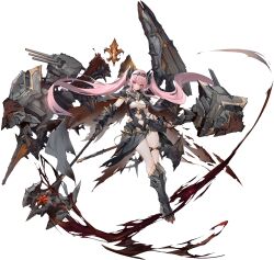 Rule 34 | 1girl, armored boots, artist request, axe, azur lane, black cape, black dress, black footwear, boots, breasts, cape, dress, dual wielding, floating hair, full body, gauntlets, hammer, head tilt, highres, holding, holding axe, holding hammer, holding weapon, la galissonniere (azur lane), la galissonniere (meta) (azur lane), long hair, looking at viewer, medium breasts, official art, parted lips, pink hair, red eyes, rigging, solo, thigh strap, torn clothes, transparent background, twintails, very long hair, weapon