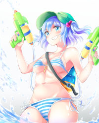 Rule 34 | 1girl, bare arms, bikini, blue eyes, blue hair, blush, breasts, commentary request, cowboy shot, dual wielding, gluteal fold, hair ornament, hat, holding, kawashiro nitori, key, looking at viewer, medium breasts, nagomian, navel, short hair, side-tie bikini bottom, smile, solo, striped bikini, striped clothes, swimsuit, touhou, two side up, water, water gun