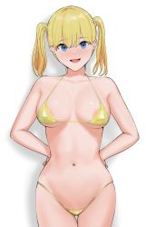Rule 34 | 1girl, :d, absurdres, areola slip, bikini, blonde hair, blue eyes, blush, breasts, gluteal fold, hands on own hips, highres, looking at viewer, medium breasts, micro bikini, navel, open mouth, original, simple background, smile, solo, sweat, swimsuit, tantanmen72, twintails, white background, yellow bikini