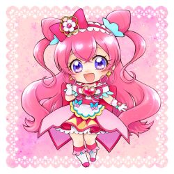 Rule 34 | 1girl, aizen (syoshiyuki), apron, back bow, bow, brooch, chibi, commentary, cone hair bun, cure precious, delicious party precure, dress, earrings, full body, gloves, hair bun, heart, heart brooch, huge bow, jewelry, long hair, magical girl, open mouth, pink bow, pink hair, precure, purple eyes, smile, two side up, white gloves