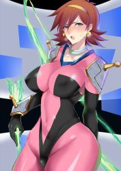 Rule 34 | 1girl, blue eyes, blush, bow, breasts, brown hair, cockpit, covered navel, earrings, covered erect nipples, g gundam, gundam, hairband, highres, jewelry, kawabata yoshihiro, large breasts, looking at viewer, mobile trace suit, open mouth, rain mikamura, short hair, skin tight, solo, sweat, thick thighs, thighs, v-shaped eyebrows, yellow hairband