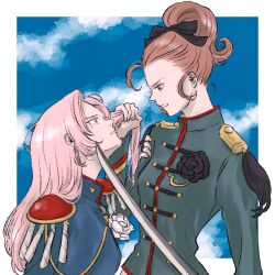 Rule 34 | 2girls, aiguillette, blue background, border, brown hair, clenched teeth, cloud, cloudy sky, epaulettes, grabbing another&#039;s hair, high ponytail, highres, holding, holding another&#039;s hair, holding sword, holding weapon, katana, long hair, looking at another, multiple girls, outside border, pink hair, scene reference, shinohara wakaba, shoujo kakumei utena, sky, sword, teeth, tenjou utena, tronc, uniform, weapon, white border