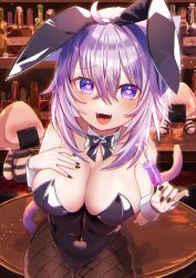 Rule 34 | 1girl, animal ears, bar (place), black bow, black bowtie, black leotard, black nails, blush, bow, bowtie, breasts, brown pantyhose, cat ears, cat girl, cat tail, cleavage, collarbone, fake animal ears, fangs, fishnet pantyhose, fishnets, hairband, hand on own chest, heart, heart-shaped pupils, highres, hololive, indoors, komiojisan, large breasts, leotard, looking at viewer, nekomata okayu, open mouth, pantyhose, playboy bunny, purple eyes, purple hair, rabbit ears, short hair, sitting, smile, solo, symbol-shaped pupils, table, tail, tongue, virtual youtuber, wrist cuffs