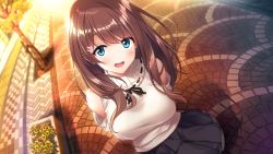 Rule 34 | 1girl, amakusa hisagi, arms behind back, azarashi soft, baffu, bare shoulders, blue eyes, blush, breasts, brown hair, female focus, from above, game cg, head tilt, large breasts, light blush, long hair, looking at viewer, open mouth, outdoors, road, skirt, smile, solo, standing, street, tomodachi kara koibito e, tree