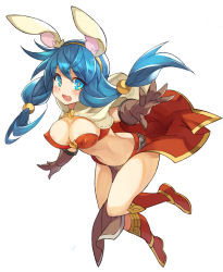 Rule 34 | 1girl, animal ears, bandeau, blue eyes, blue hair, blush, boots, breasts, capelet, cleavage, fake animal ears, gloves, large breasts, long hair, mage (ragnarok online), matching hair/eyes, midriff, open mouth, outstretched hand, pelvic curtain, rabbit ears, ragnarok online, showgirl skirt, smile, solo, tsudero, twintails, wind, wind lift