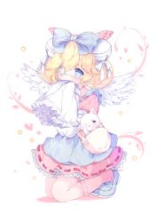 Rule 34 | 1girl, absurdres, animal, apron, bag, bell, blonde hair, blue apron, blue bow, blue eyes, blue footwear, blush, bow, cat, colored shadow, commission, cutesu (cutesuu), double bun, dress, eyepatch, feathered wings, frilled apron, frilled sleeves, frills, full body, hair bell, hair bow, hair bun, hair ornament, hand up, highres, jingle bell, kneeling, layered sleeves, loafers, long sleeves, looking at viewer, medical eyepatch, original, pink dress, puffy short sleeves, puffy sleeves, shadow, shoes, short over long sleeves, short sleeves, shoulder bag, sleeves past fingers, sleeves past wrists, socks, solo, suzuhara (13yuuno), white background, white cat, white socks, white wings, wide sleeves, wings