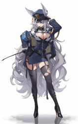 Rule 34 | 1girl, absurdres, animal collar, animal ear fluff, animal ears, belt pouch, black footwear, black gloves, blue eyes, blue jacket, boots, bra, bra peek, breasts, buttons, chain, cleavage, collar, contrapposto, dkxlek, double-breasted, dress, eyepatch, full body, garter straps, gloves, grey hair, hand on own hip, hat, high heel boots, high heels, highres, holding, jacket, knee boots, large breasts, long hair, looking at viewer, open clothes, open jacket, original, padded jacket, pencil dress, pouch, short dress, simple background, smile, solo, thighhighs, tongue, tongue out, torn, torn clothes, torn thighhighs, underwear, uniform, very long hair, walkie-talkie, white background, zettai ryouiki
