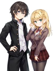 Rule 34 | 1boy, 1girl, black hair, black jacket, black pants, black pantyhose, blonde hair, blue eyes, blush, braid, breasts, brown jacket, closed mouth, collared shirt, commentary request, dress shirt, gakuran, green eyes, hair between eyes, hand on own hip, hand up, highres, jacket, kuria (clear trip second), long hair, long sleeves, looking at viewer, medium breasts, open clothes, open jacket, original, pants, pantyhose, plaid, plaid skirt, pleated skirt, red skirt, school uniform, shirt, simple background, skirt, sleeves past wrists, smile, sweat, white background, white shirt