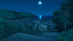 Rule 34 | absurdres, building, bush, city, city lights, commentary request, forest, full moon, highres, hill, horizon, moon, nature, night, night sky, no humans, original, outdoors, power lines, railing, scenery, shooting star, sky, stairs, star (sky), starry sky, tree, utility pole, water, xingzhi lv