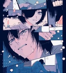 Rule 34 | 1boy, 1girl, bed, black hair, blue theme, chainsaw man, cigarette, cigarette pack, clenched teeth, collared shirt, crying, crying with eyes open, curse devil (chainsaw man), eyepatch, frown, hair between eyes, hayakawa aki, highres, himeno (chainsaw man), holding, holding cigarette, holding lighter, hospital bed, lighter, lighting cigarette, okita (cs mng), open mouth, sad, shirt, short hair, spoilers, tears, teeth, white shirt