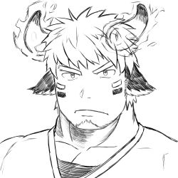 Rule 34 | 1boy, absurdres, animal ears, bara, cow boy, cow ears, cow horns, facepaint, facial hair, fiery horns, forked eyebrows, frown, glowing horns, goatee, greyscale, highres, horns, looking at viewer, male focus, monochrome, portrait, pout, short hair, solo, tatatan (ts kon2), thick eyebrows, tokyo houkago summoners, upper body, wakan tanka