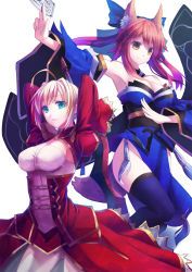 Rule 34 | 10s, 2girls, animal ears, aqua eyes, blonde hair, blue eyes, breasts, brown eyes, cleavage, detached sleeves, epaulettes, fate/extra, fate (series), fox ears, fox tail, japanese clothes, medium breasts, multicolored eyes, multiple girls, nero claudius (fate), nero claudius (fate) (all), nero claudius (fate/extra), ofuda, open mouth, pen (steelleets), simple background, tail, tamamo (fate), tamamo no mae (fate/extra), thighhighs