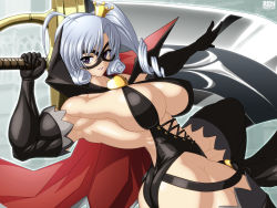 Rule 34 | 10s, 1girl, ahoge, arsene, ass, belt, biceps, black gloves, blue hair, boots, breasts, cape, center opening, crown, domino mask, drill hair, elbow gloves, female focus, gloves, gradient background, heart, holding, huge weapon, mask, muscular, ponytail, purple eyes, ren (tainca2000), side ponytail, smile, solo, tantei opera milky holmes, thigh boots, thighhighs, weapon
