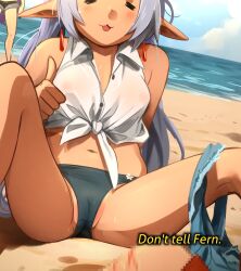 Rule 34 | 1boy, 2girls, beach, bikini, blue shorts, cameltoe, censored, cleft of venus, closed eyes, cloud, collarbone, day, elf, english text, fern (sousou no frieren), frieren, grey hair, injury, khyle., multiple girls, on ground, open mouth, panties, pee, pointy ears, puddle, purple hair, sand, sandals, shirt, short shorts, shorts, sitting, sky, sousou no frieren, stark (sousou no frieren), subtitled, swimsuit, thumbs up, twintails, underwear, water, white bikini, white shirt