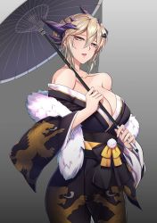Rule 34 | 1girl, artoria pendragon (fate), artoria pendragon (lancer alter) (fate), bare shoulders, black kimono, blonde hair, braid, breasts, cleavage, fate/grand order, fate (series), french braid, fur trim, gradient background, grey background, hair between eyes, hair bun, highres, holding, holding umbrella, japanese clothes, kaiend, kimono, large breasts, lion print, looking at viewer, no bra, obi, off shoulder, oil-paper umbrella, open mouth, platinum blonde hair, pom pom (clothes), sash, single hair bun, solo, spikes, umbrella, wide sleeves, yellow eyes