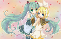 Rule 34 | 2girls, bad id, bad pixiv id, blonde hair, blue eyes, colorized, green eyes, green hair, hatsune miku, highres, holding hands, inaresi, kagamine rin, long hair, looking at viewer, multiple girls, musical note, open mouth, short hair, skirt, smile, thighhighs, very long hair, vocaloid, yumi sakurai