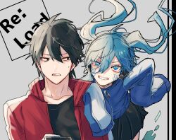 Rule 34 | 1boy, 1girl, annoyed, black eyes, black hair, black shirt, black skirt, blue eyes, blue hair, blue jacket, casual, collarbone, colored eyelashes, commentary, ene (kagerou project), english text, floating hair, grey background, grin, hair between eyes, hand on another&#039;s shoulder, highres, holding, jacket, junjam, kagerou project, kisaragi shintarou, looking at viewer, looking to the side, mekakucity actors, open clothes, open jacket, open mouth, pleated skirt, red jacket, sanpaku, shirt, short hair, sketch, skirt, sleeves past wrists, smile, sweat, t-shirt, teeth, track jacket, tsurime, twintails, upper body, very long sleeves, zipper