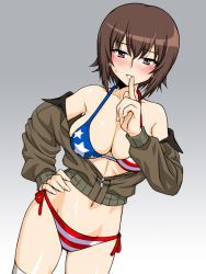 Rule 34 | 1girl, alternate costume, american flag bikini, american flag print, bikini, blush, breasts, brown jacket, cleavage, commentary, cowboy shot, finger to mouth, flag print, girls und panzer, gluteal fold, gradient background, grey background, half-closed eyes, hand on own hip, jacket, large breasts, long sleeves, looking at viewer, navel, nishizumi maho, no pants, off shoulder, oosaka kanagawa, parted lips, partially unzipped, print bikini, saunders military uniform, shushing, side-tie bikini bottom, skindentation, smile, solo, standing, string bikini, sweatdrop, swimsuit, thighhighs, white thighhighs, zipper