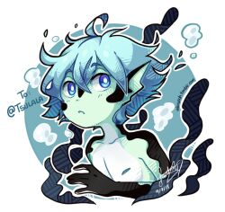 1boy aqua_hair black_skin blue_eyes bubble colored_skin commentary dated english_commentary fins fish_boy gift_art green_skin head_fins highres monster_boy multicolored_skin original sandragh short_hair signature simple_background solo upper_body white_background