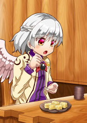 Rule 34 | 1girl, :o, arms up, blush, bow, bowtie, braid, brooch, chair, commentary request, cup, dress, feathered wings, food, french braid, head tilt, highres, holding, holding food, jacket, jewelry, kishin sagume, long sleeves, looking down, mochi, open clothes, open hand, open jacket, plate, purple dress, red bow, red bowtie, red eyes, restaurant, short hair, silver hair, single wing, sitting, solo, sugiyama ichirou, table, touhou, warabi, wings, wooden chair, wooden table, wooden wall, yellow jacket, yunomi