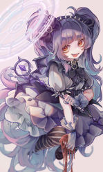 Rule 34 | 1girl, :d, absurdres, armlet, black bow, black bowtie, black dress, black pantyhose, bow, bowtie, commentary request, dress, fangs, frills, grey background, grey dress, hair bow, hairband, highres, holding, holding staff, layered dress, long hair, open mouth, original, pantyhose, puffy short sleeves, puffy sleeves, red eyes, short sleeves, smile, spiked armlet, spiked hairband, spikes, staff, striped clothes, striped pantyhose, tira 27, tongue, tongue out, twintails