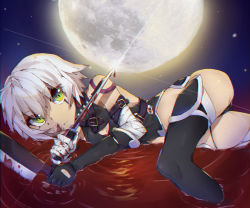 Rule 34 | 1girl, bad id, bad pixiv id, black footwear, blood, bloody knife, boots, breasts, cleavage, cleavage cutout, closed mouth, clothing cutout, dual wielding, fate/apocrypha, fate/grand order, fate (series), green eyes, holding, holding knife, inusaka, jack the ripper (fate/apocrypha), knife, looking at viewer, lying, medium breasts, moon, on side, short hair, solo, white hair