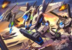 Rule 34 | energy blade, explosion, flying, glowing, gun, highres, holding, holding gun, holding weapon, kenko (a143016), mecha, mechanical wings, no humans, original, robot, shoulder cannon, signature, visor, weapon, wings