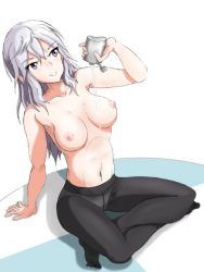 Rule 34 | 1girl, arm support, aurora e. juutilainen, breasts, canteen, grey hair, groin, indian style, kuni-kun, medium breasts, navel, nipples, panties, panties under pantyhose, pantyhose, pouring, pouring onto self, purple eyes, sitting, solo, topless, underwear, white background, white panties, world witches series