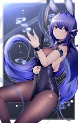 Rule 34 | 1girl, absurdly long hair, absurdres, air bubble, animal ears, arm strap, azur lane, bare shoulders, black leotard, bodystocking, breasts, bubble, cleavage, covered navel, detached collar, fake animal ears, hair between eyes, highres, huge filesize, large breasts, leotard, long hair, new jersey (azur lane), new jersey (exhilarating steps!) (azur lane), official alternate costume, oversized breast cup, pantyhose, playboy bunny, pole, purple eyes, purple hair, rabbit ears, samip, see-through, see-through cleavage, solo, strapless, strapless leotard, stripper pole, very long hair, wrist cuffs