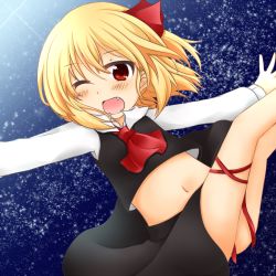 Rule 34 | 1girl, ascot, blonde hair, blush, bow, chiya58, fang, hair bow, milky way, navel, one eye closed, outstretched arms, red eyes, rumia, solo, star (sky), thigh strap, thighs, touhou, wink