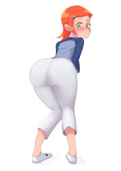 Rule 34 | 1girl, ass, ben 10, blue shirt, blush, cartoon network, ccontrast, closed mouth, earrings, embarrassed, full body, green eyes, gwen tennyson, highres, jewelry, knees together feet apart, leaning forward, long sleeves, looking at viewer, looking back, orange hair, pants, shirt, shoes, short hair, simple background, solo, standing, wavy mouth, white background, white pants