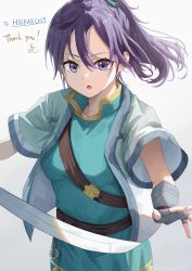Rule 34 | 1girl, absurdres, aftam c, blue shirt, fir (fire emblem), fire emblem, fire emblem: the binding blade, highres, katana, looking at viewer, open mouth, ponytail, purple eyes, purple hair, shirt, solo, sword, weapon